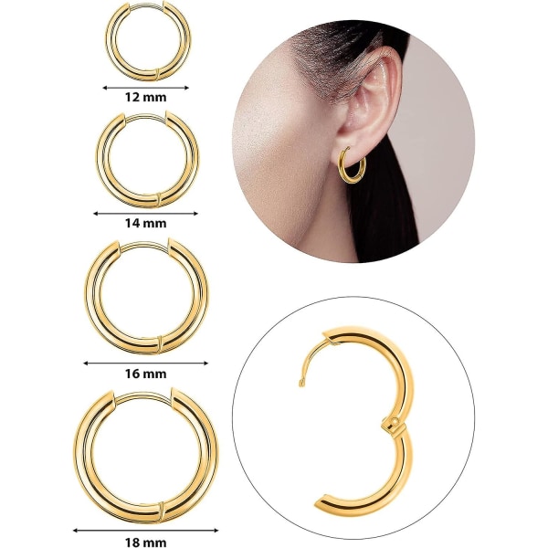 4 par rostfria ringörhängen små broskringar örhängen näsa läppringar för män och kvinnor Gold 12 mm*14 mm*16 mm*18 mm