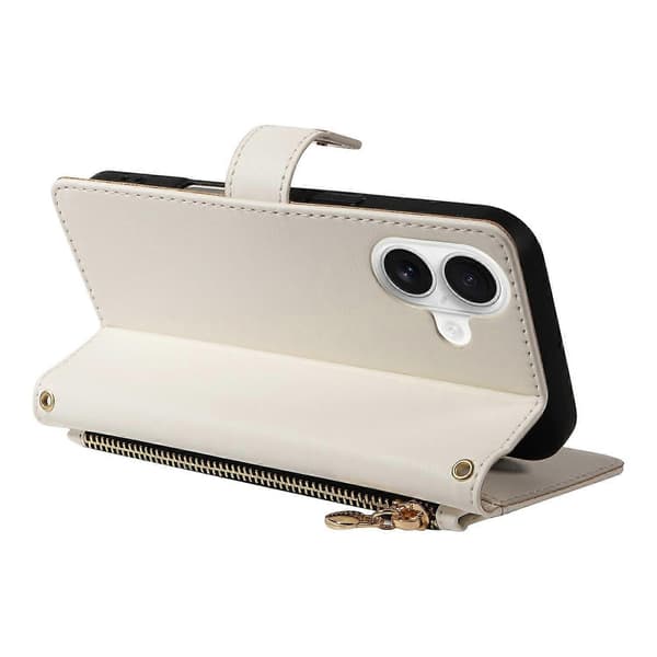 Plånboksfodral med remmar för iPhone 16, Rombmönstrat läderfodral med stativ White White