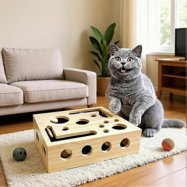 Träkattsnagelfilbox, Kattskrapningspusselberikningsbox, Labyrintkattskrapningspussel med klockboll och sandpapper inuti