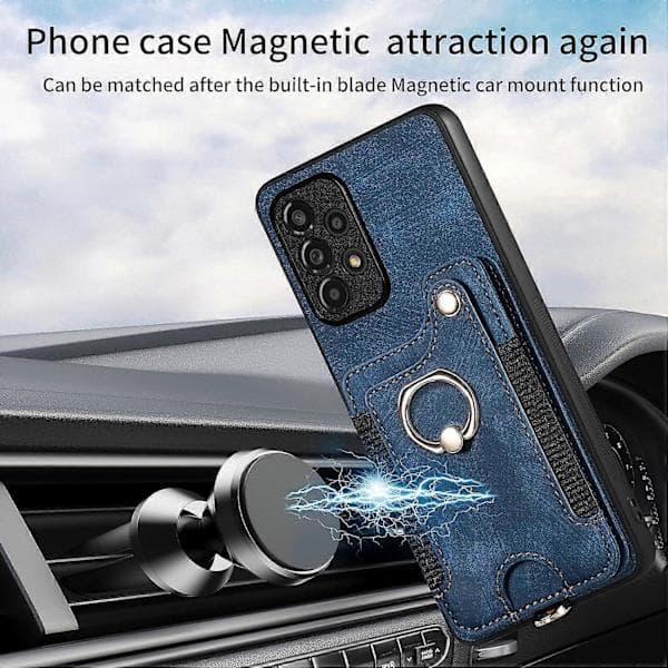 Lærfutteral for iPhone 11 med 360 Støtte & Magnetisk Kortholder - Blått TPU Bakdeksel [JUN]
