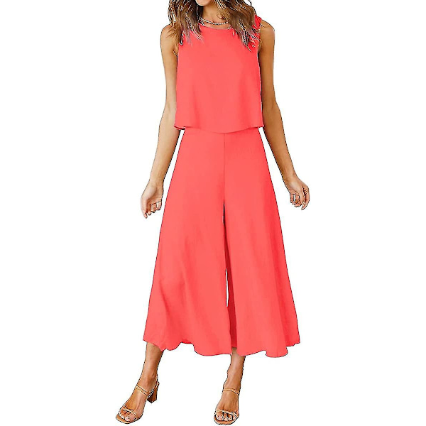 Roylamp Sommer-outfits til kvinder i 2 dele Rundhalset Crop Basic Top Beskåret Bukser med brede ben, Jumpsuits Bright Orange X-Small