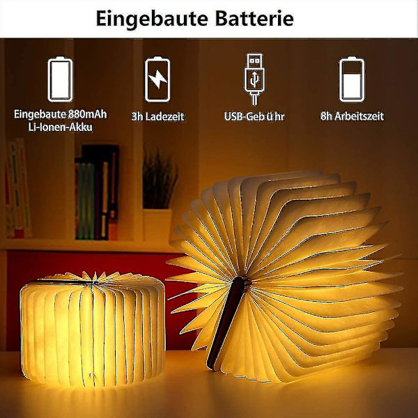Sammenleggbar treboklampe, magnetiske LED-boklamper, dekorative lys/nattlys, oppladbar USB-bordlampe, ideell gave til kvinner/foreldre/barn (hvitt)