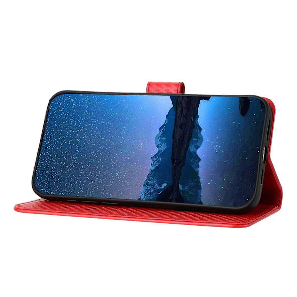Plånboksfodral för iPhone 16 Plus med rem, kolfibertextur läder mobilskal Red