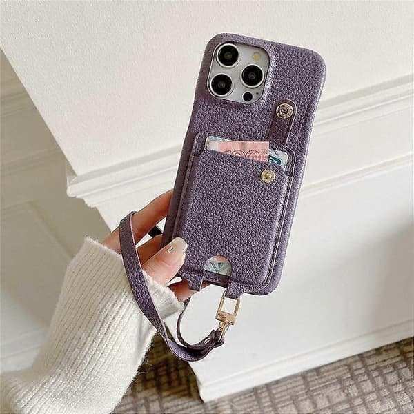 Fodral för iPhone 16 Pro Max, multifunktionella kortfack, läderbaksida med handledsrem Purple