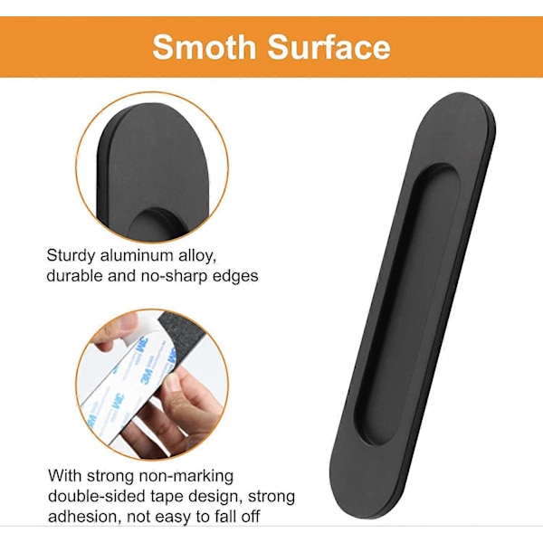 Sæt med 2 Selvklæbende Matte Sorte Aluminium Oval Skydedørsgreb Ingen Boring til Skydedøre, Vinduer, Skabe
