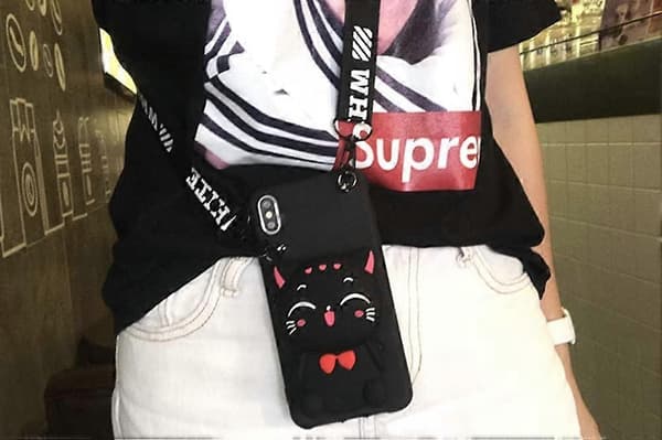 iPhone 13 Pro Max Cover Sød Kat med Lynlås Crossbody Snor (Sort) wcH