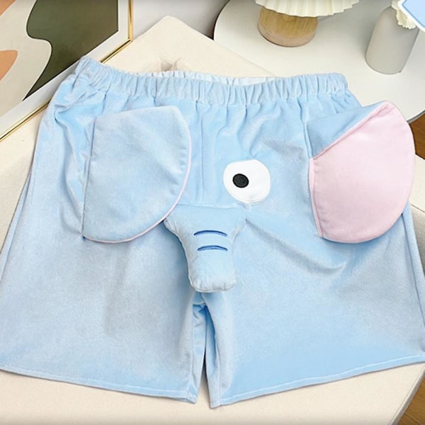 Pyjamashorts 3d ører Snabel tegneserie Dejlig elefant Løs afslappet plys nattøj Sommer Mænd Kvinder Shot Bukser Hjemmetøj Blue XL