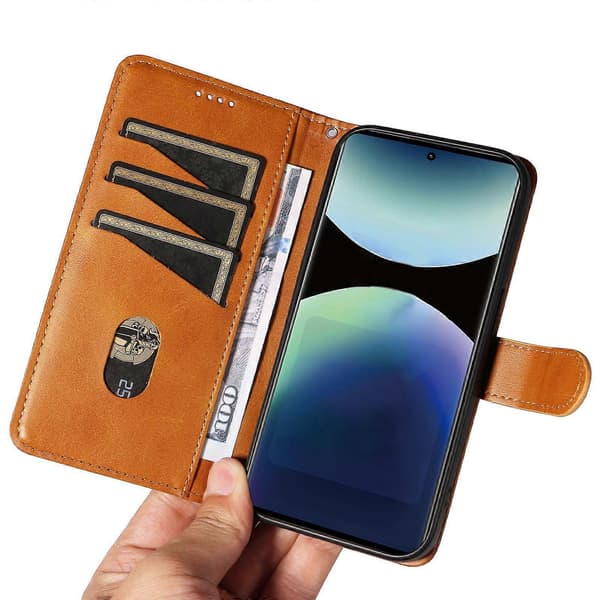 Plånboksfodral för Xiaomi Redmi Note 14 Pro 4G, T-formade linjer Läder Telefonskydd Ställ Brown