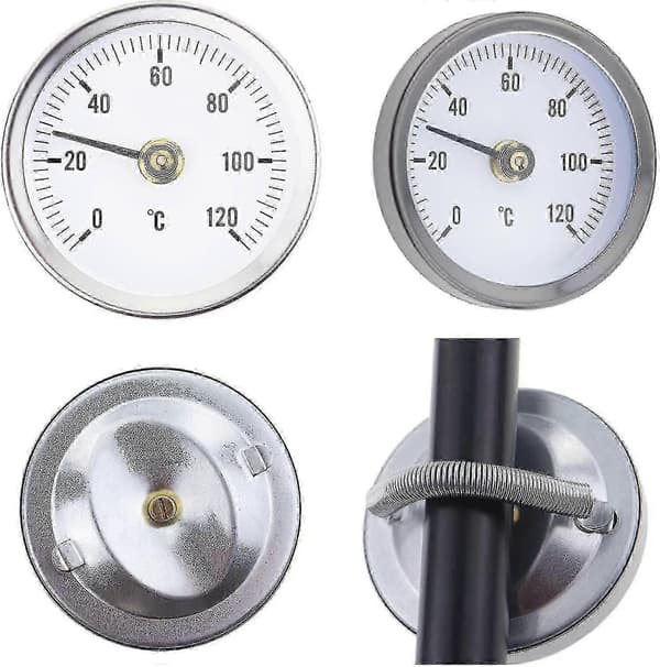 Termometer 0-120 Med Fjeder, Med Klemme Til Montering På Rør, Bimetallisk Overflade I Rustfrit Stål-63mm