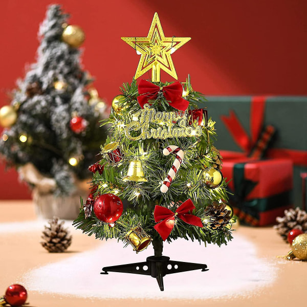 12 tommer mini desktop juletræ, kunstigt julefyrtræ, med LED-lys og julehuspynt