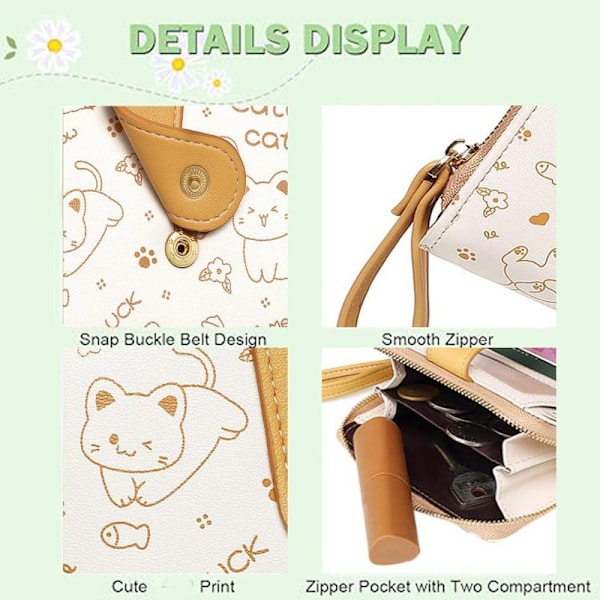 Söt Katt Läderplånbok Vikbar Blixtlås Clutch Plånbok Kawaii Tryck Myntplånbok med ID-Fönster Kortinnehavare Fodral Blixtlås