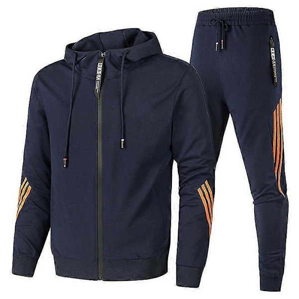 Nyt Casual Sports Zip-Jakkesæt til Mænd med Hættetrøje - Løbetøj til Mænd og Kvinder navy blue orange edge XXL