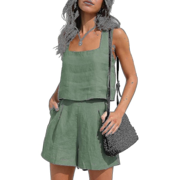 Kvinnors 2-delade outfits Matchande set, linneshorts Crop Tops Summer Vacation Set Bean green S