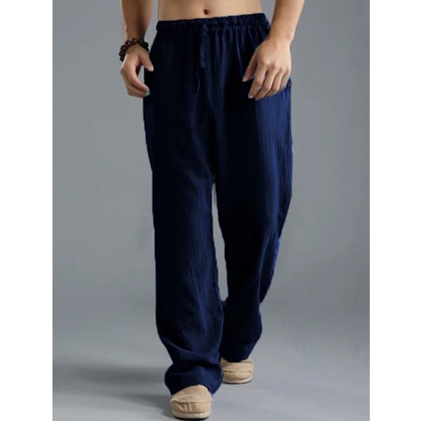 Store størrelser løse fritidsbukser for menn, elastisk midje med snøring, pustende sportsbukser i bomull og lin Navy 2XL