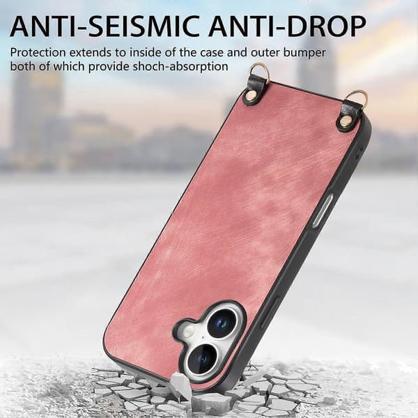 Retro skinndeksel til iPhone 16 med justerbar stropp Pink