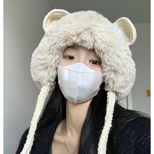 Söt plyschstickad Lei Feng-hatt för barn, varm öronvärmare i ull för höst och vinter (beige)
