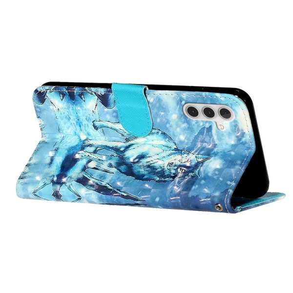 Telefonveske med 3D-mønsterutskrift for Samsung Galaxy A14 5G, anti-ripe PU lær lommebok Flip Cover Stativ med stropp Snow Wolf