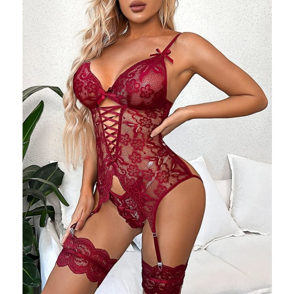 Donnalla Dam Sexiga Underkläder Set Med Strumpeband Bält Spets Body Teddy Med Trosa XX-Large Wine Red