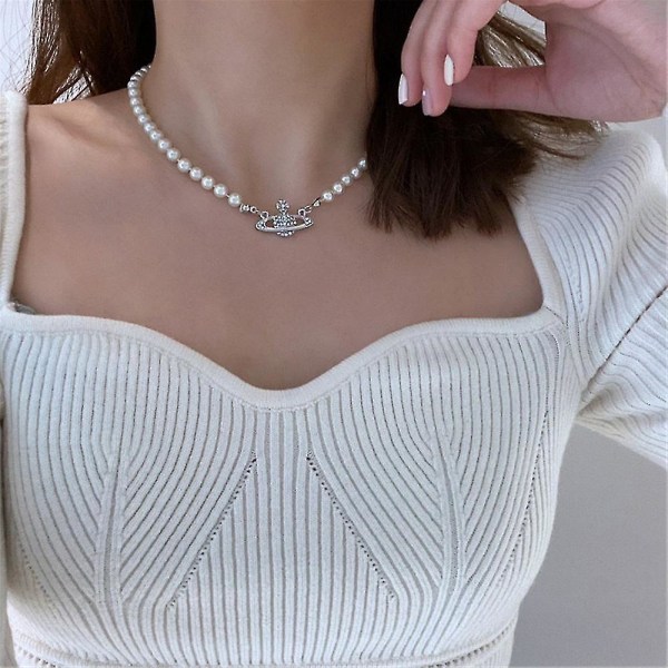 Retro kvinner Diamond Planet anheng halskjede Pearl Clavicle Chain