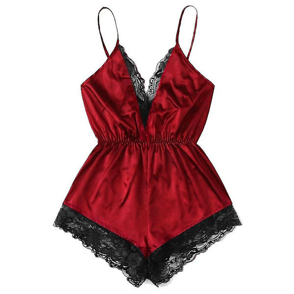 Naisten Satiini Pitsi Bodysuit Strappy Alusvaatteet Nalle Yöasut Yöasut Alusvaatteet Red 2XL