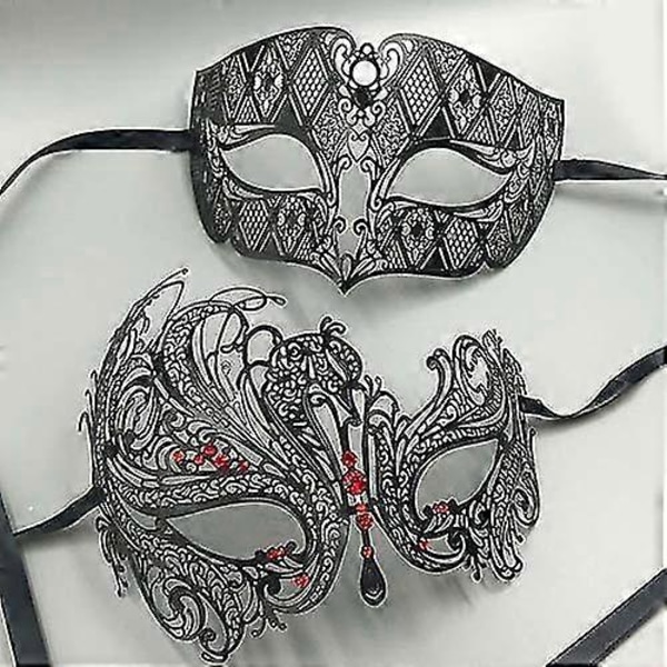 Svart Silver Guld Metall Filigran Laser Skuren Par Venetian Mask Bröllop Boll Mask Halloween Maskerad Kostym Masker Set Black Red Diamond