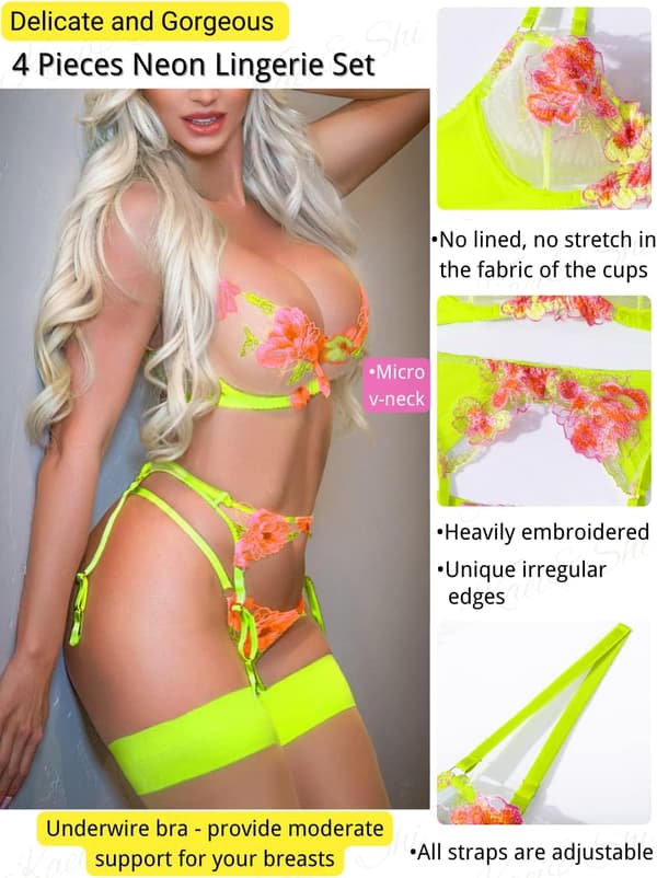 Blomstrete Broderi, Underwired, T-String, Strømpebånd, 4-Delt Undertøy Gul Yellow M