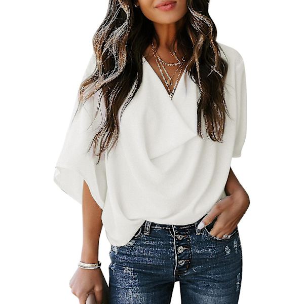 Ruched Toppar Dam V-hals Kort Batwing-ärm Lös Ren Färg Dam Casual Blus För Fest Kontor Resor White XXL