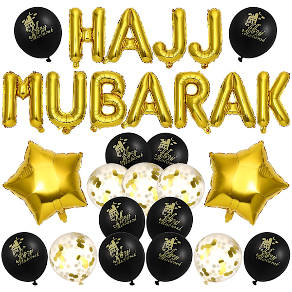 HAJJ MUBARAK -kirjainilmapallot, koristeelliset juhlataustan asetteluballot Eid Al-Fitr -juhliin (musta ja kulta)