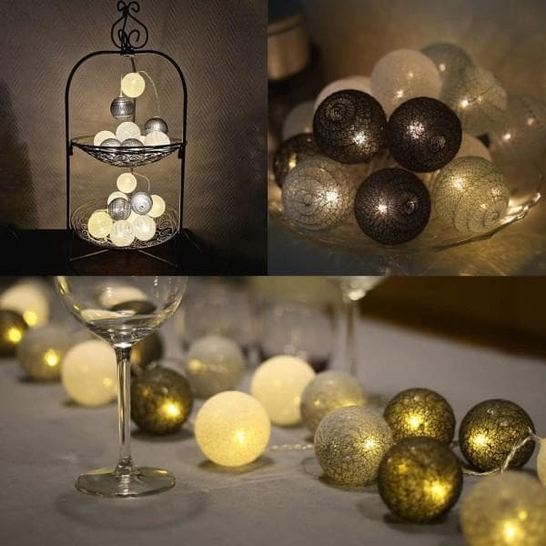 Cotton String Lights, 20 LED USB String Lights with Remote Control and Timer, Light Ball String Lights Indoor for Christmas Party Kids Bedroom Grey