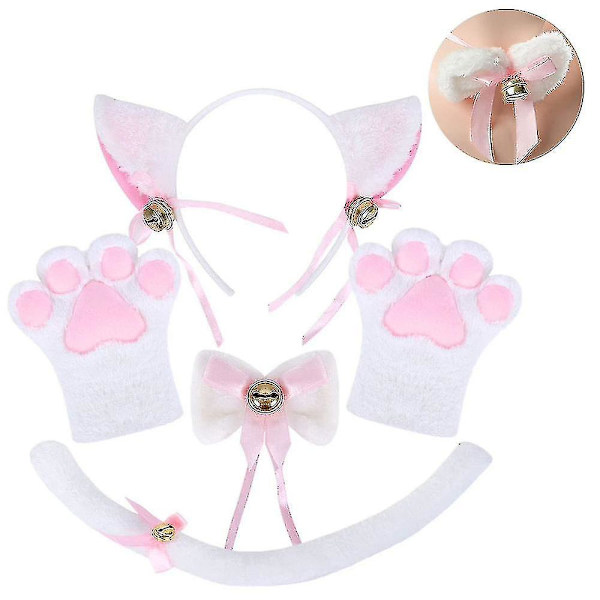 Katt Kostym Cosplay Plysch Huvudbonad Klämma Öra Rosett Slips Svans Handskar Set