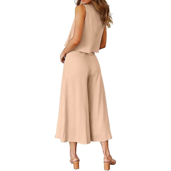 Roylamp Sommer-outfits til kvinder i 2 dele Rundhalset Crop Basic Top Beskåret Bukser med brede ben, Jumpsuits Khaki Medium