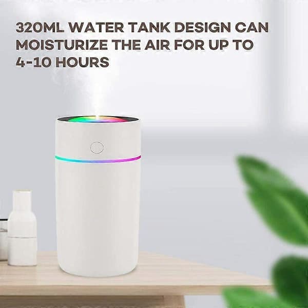 Mini luftfukter - Premium luftfukter med 320 ml vanntank, stillegående ultralydfunksjon, automatisk avslåing og nattlysfunksjon (hvit)
