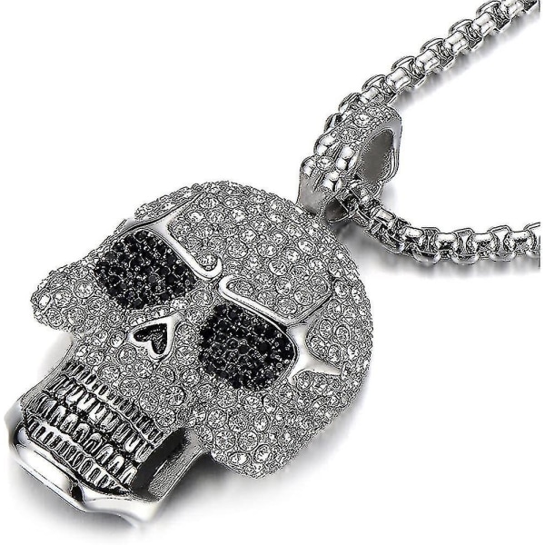 Stål Stort Sugar Skull hänge halsband för män kvinnor med Cubic Zirconia och 30 tum vetekedja (hy)