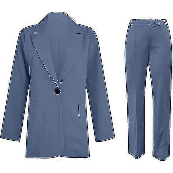 Naisten 2-osainen asu, Blazer-setti, Elegantti Liike- ja Työasu, Vintage Klassikko, Yksivärinen, Ryppyinen Hiha, Auki Edestä, Puku Takki ja Suorat Housut 4XL Blue