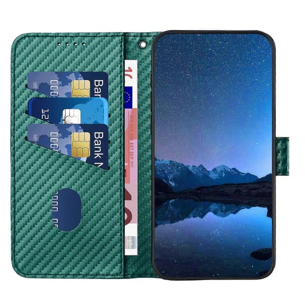 Plånboksfodral för iPhone 16 Plus med rem, kolfibertextur läder mobilskal Blackish Green
