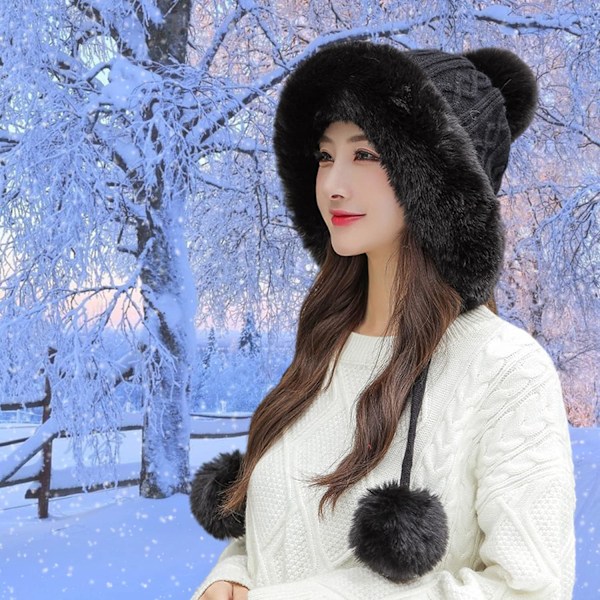 Dam vinter Peruvian öronbeklädnad Beanie Hat Öronklaffar Sherpa Skidmössa Stickad Fleecefodrad 3 Pom A1-m1399-black One Size
