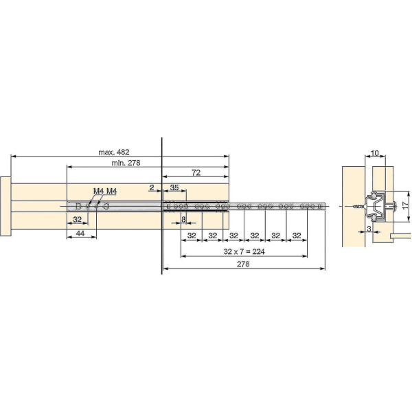 Pakke med 5 par (10 stykker) Slides/ball Slides Extract Del 17mm X 278mm For skuff, sinkbelagt 450mm