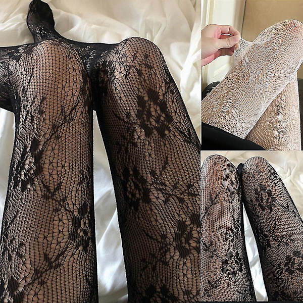 Kvinnor Lolita Hollow Out Blommig spets Strumpbyxor Fishnet Kawaii Tights Strumpor White