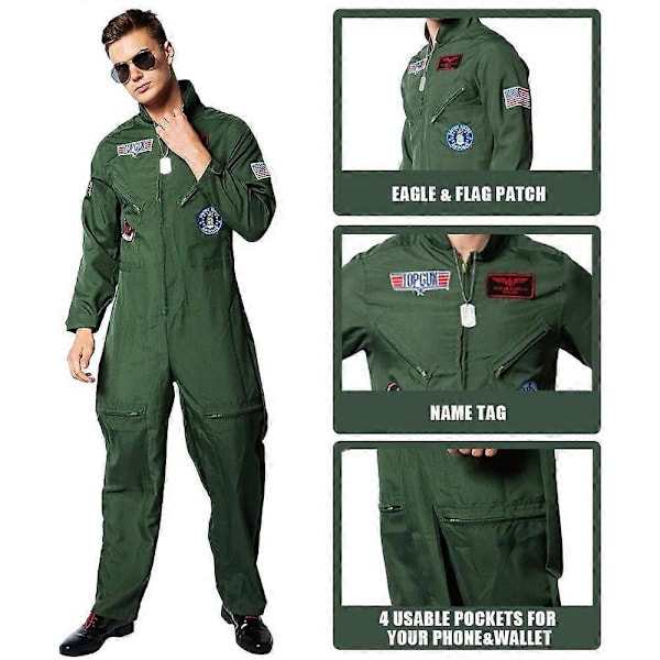 Top Gun Film Cosplay Amerikanska Flygvapnet Uniform Halloween Kostymer För Män Vuxen Armégrön Militär Pilot Overall XL