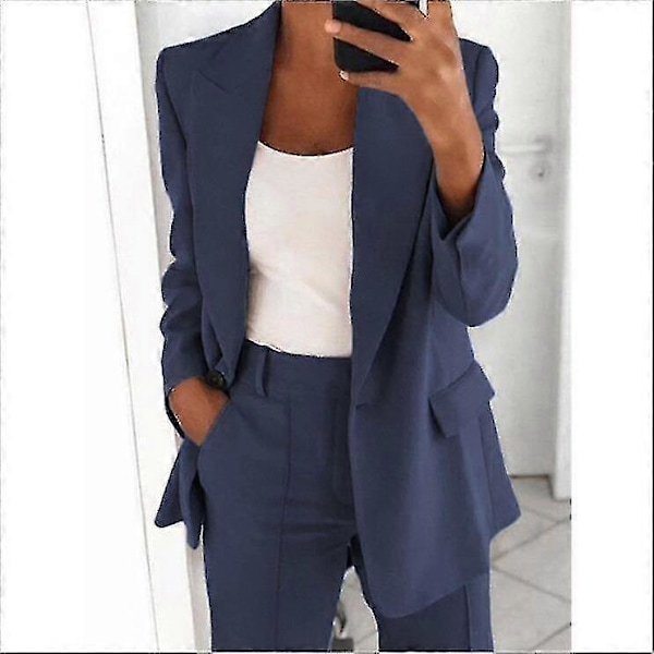 Dame 2-delt Outfit Blazer Sæt Elegant Business Arbejdstøj Vintage Klassisk Ensfarvet Rynket Ærme Åben Front Jakke Og Straight Leg Penci 3XL Navy blue