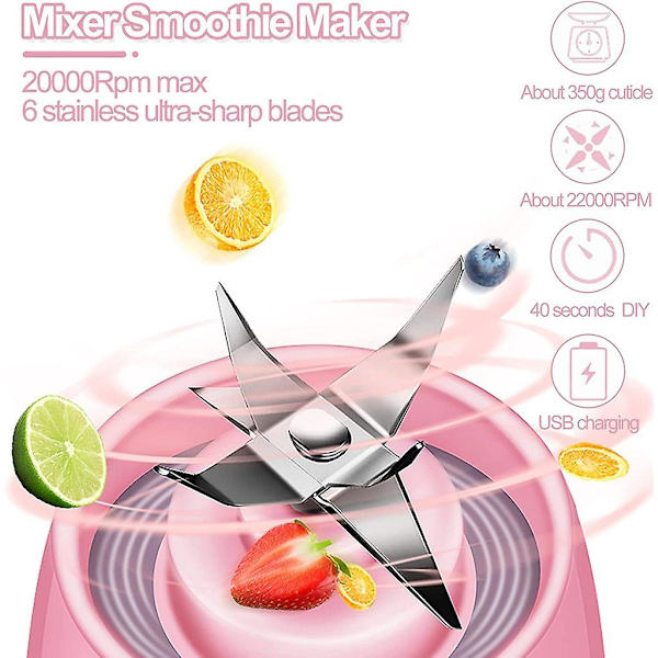 380ml Elektrisk Juicer Fruktmixer Flaska Milkshake Maker Med 6 Blad, Usb Laddningsbar