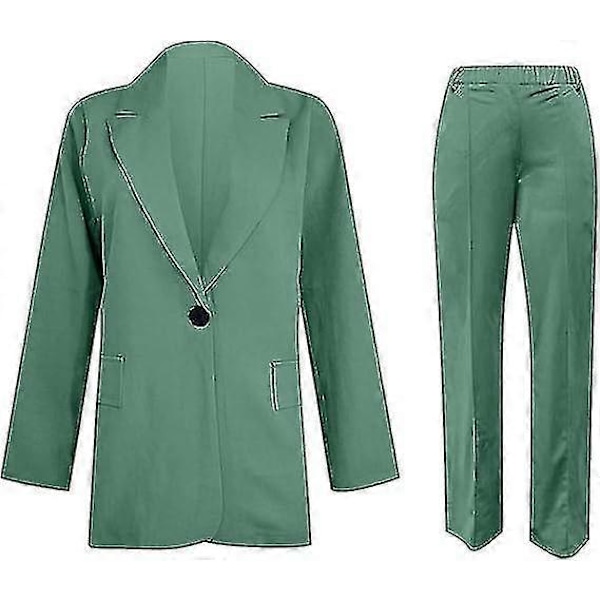 Naisten 2-osainen asu, Blazer-setti, Elegantti Liike- ja Työasu, Vintage Klassikko, Yksivärinen, Ryppyinen Hiha, Auki Edestä, Puku Takki ja Suorat Housut 4XL Green