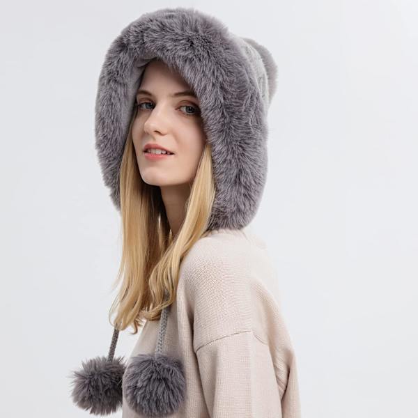 Dam vinter Peruvian öronbeklädnad Beanie Hat Öronklaffar Sherpa Skidmössa Stickad Fleecefodrad 3 Pom Grey Solid One Size