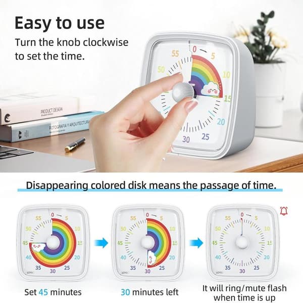 Rechargeable Visual Kids Timer with Pause Function, Sound and Silent Support, Kids Timer with Silicone Case, Suitable for Kitchen, Classroom, Meetings - White