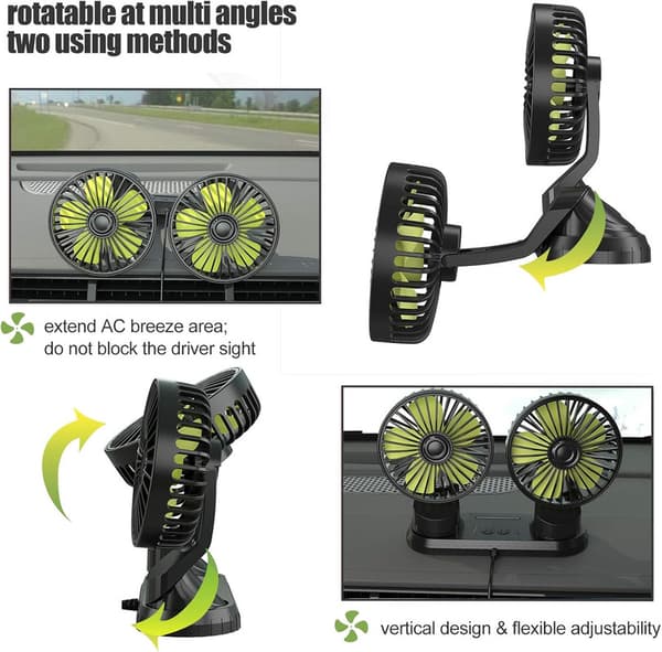 12V Dobbelthovedet Bilventilator, Bærbar USB-bilventilator, 360 Graders Rotation