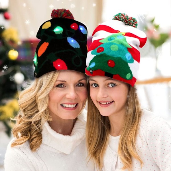 LED Julehue med Lys - Julehatte i Strik med 6 Farverige LED-Lys, Unisex Vinterhue Red