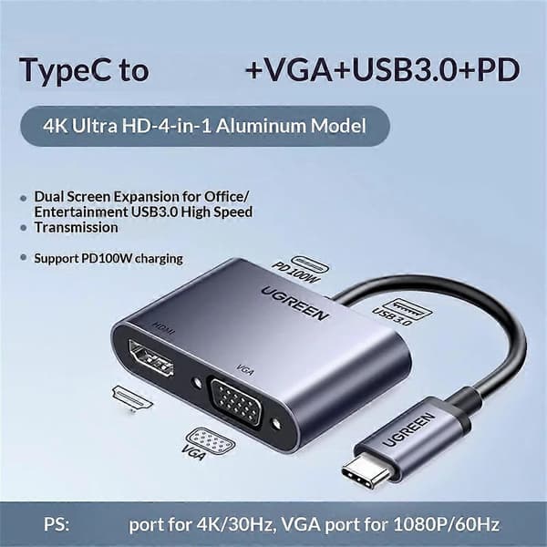 UGREEN 50505 4-i-1 Hub USB-C til 4K / 30Hz HD VGA USB 3.0 PD 100W Hurtigladeadapter MultiColor