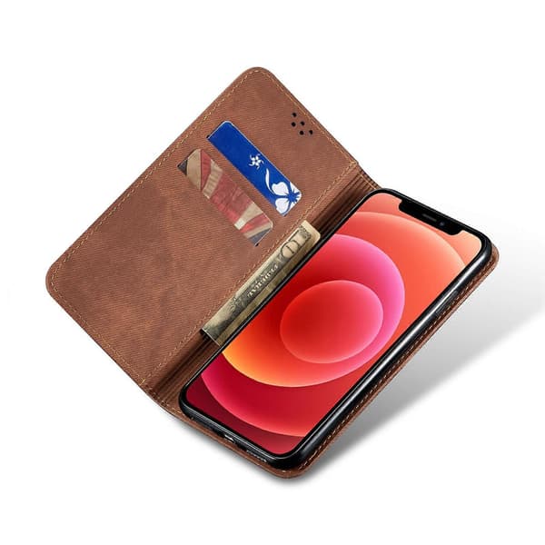 Denimtextur Casual Läder Telefonfodral För iPhone 14 Brown