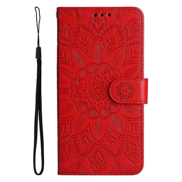 Præget solsikke læder telefoncover til iPhone 14 Plus Red
