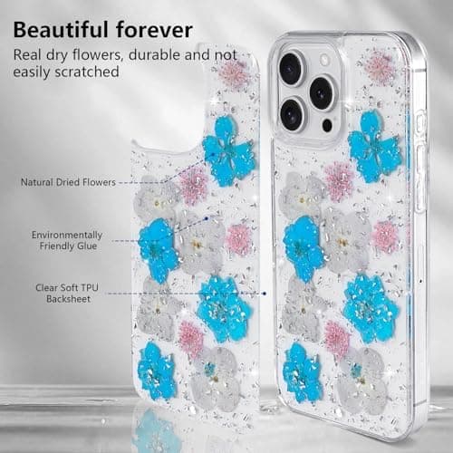 Blomstret Cover til iPhone 16 Pro Max - Transparent Cover med Ægte Tørrede Blomster, Glitrende Søde Blomstermønstre til Kvinder og Piger
